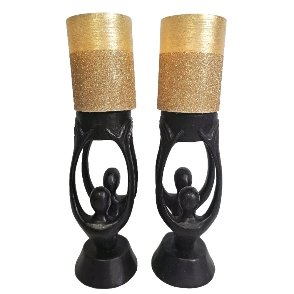 Pair Of Rare Black Wooden  Art  Hand Carved Human Scuptural Wood Candle Holders